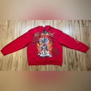 Ed Hardy Vibrant Red Zip-Up Hoodie fire Tiger Size XL